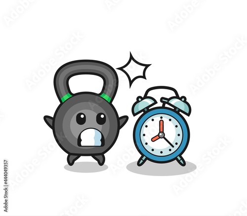 Cartoon Illustration of kettlebell is surprised with a giant alarm clock