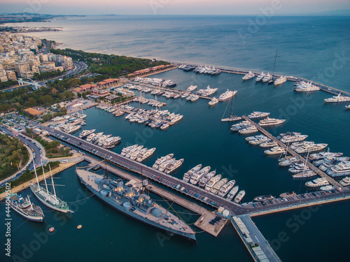 Aerial view from Marina Flisvos with yatches' motifs at the sunset