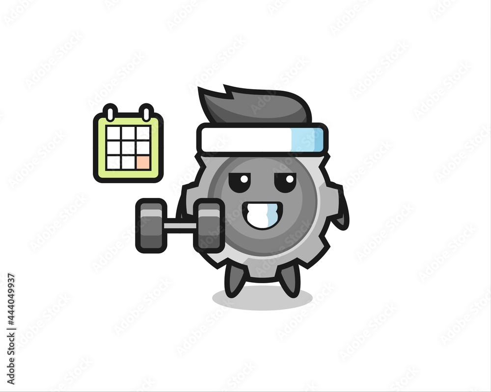 gear mascot cartoon doing fitness with dumbbell