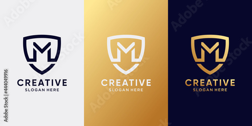 Monogram logo design initial letter M with line art style and shield concept. Logo design template for business company and personal