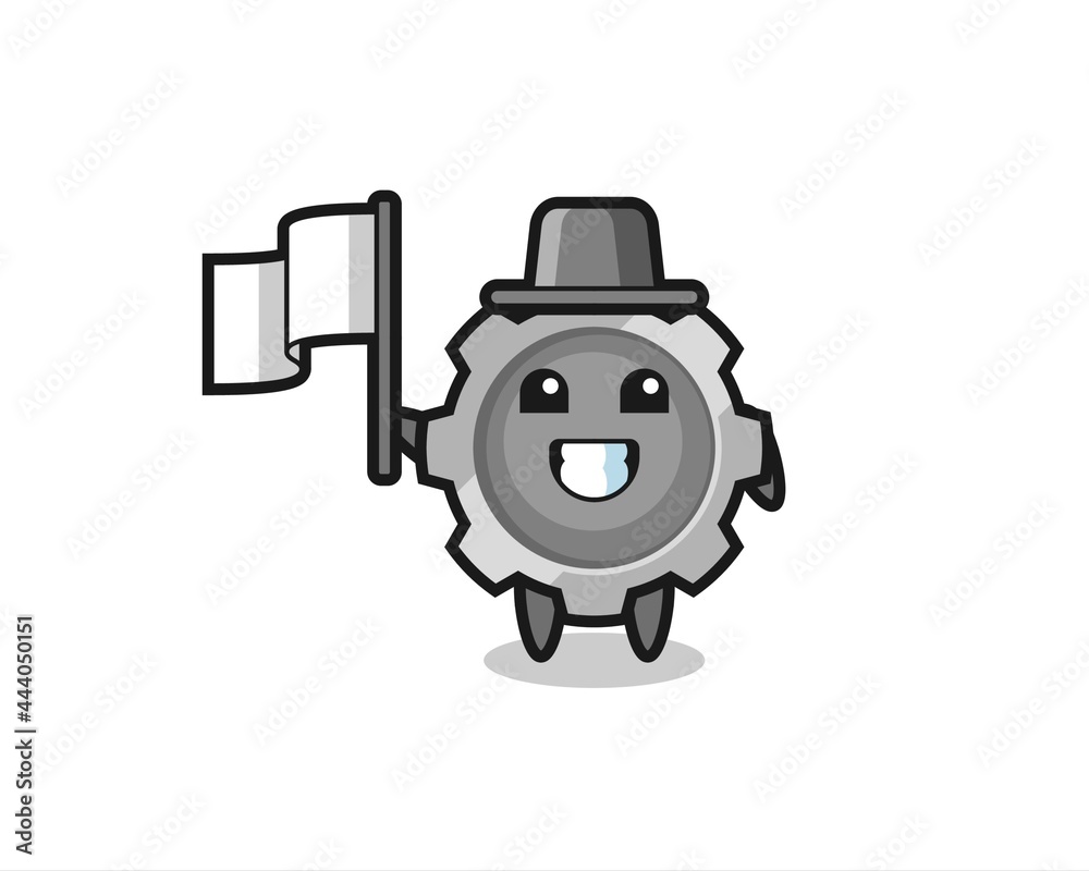 Cartoon character of gear holding a flag Cartoon character of gear holding a flag