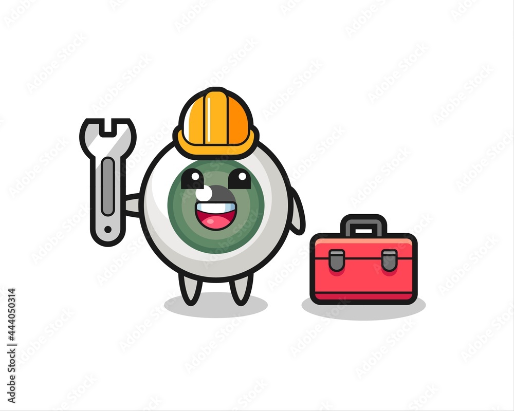 Mascot cartoon of eyeball as a mechanic