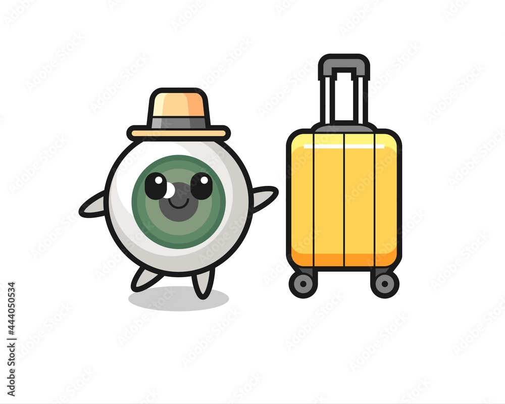 eyeball cartoon illustration with luggage on vacation