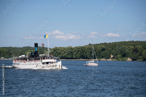 Old commuter steam boat Storsk  r leaving the Stockholm harbor for the archipelago.