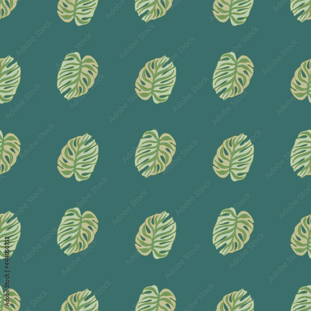 Nature seamless pattern with green monstera elements print. Turquoise background. Summer style print. Nature seamless pattern with green monstera elements print. Turquoise background. Summer style print.