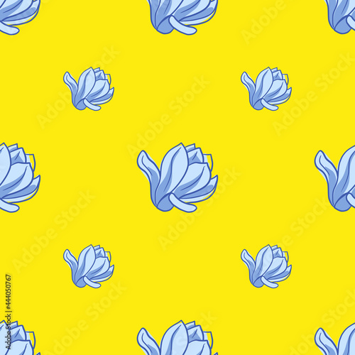 Minimalistic seamless pattern with bright blue magnolia flowers ornament. Yellow background.