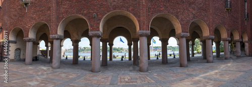 Photography Colonnade at the Stockholm Town City Hall at sunset a summer day.