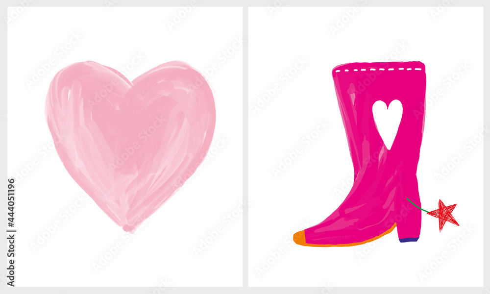 Simple Girly Vector Illustration with Big Irregular Shape Heart and Pink Funny Cowboy Boots Isolated on a White Background. Funny Infantile Style Print ideal for Card, Poster. Girls' Room Decoration. Simple Girly Vector Illustration with Big Irregular Shape Heart and Pink Funny Cowboy Boots Isolated on a White Background. Funny Infantile Style Print ideal for Card, Poster. Girls' Room Decoration.