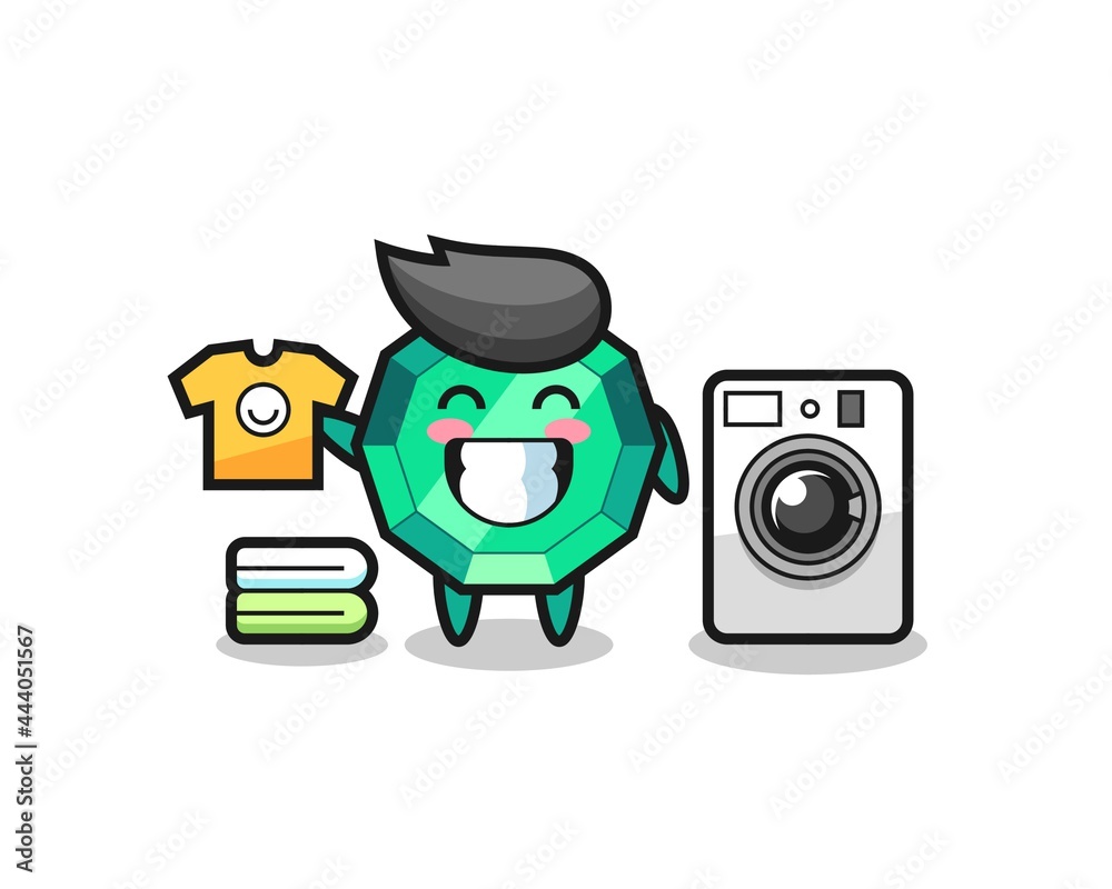 Mascot cartoon of emerald gemstone with washing machine