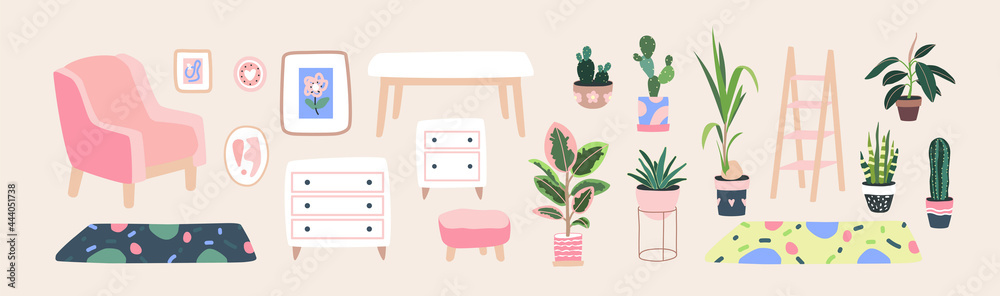 Living room furniture. Home plants in flowerpot. Houseplants isolated. Trendy hugge style, vintage urban jungle decor. Hand drawn. Set collection. Green, pink, yellow, beige, blue color. Print, poster Living room furniture. Home plants in flowerpot. Houseplants isolated. Trendy hugge style, vintage urban jungle decor. Hand drawn. Set collection. Green, pink, yellow, beige, blue color. Print, poster