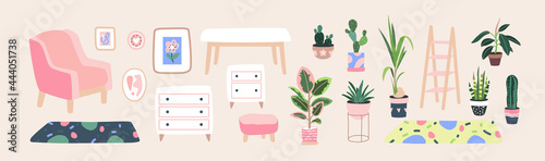 Living room furniture. Home plants in flowerpot. Houseplants isolated. Trendy hugge style, vintage urban jungle decor. Hand drawn. Set collection. Green, pink, yellow, beige, blue color. Print, poster