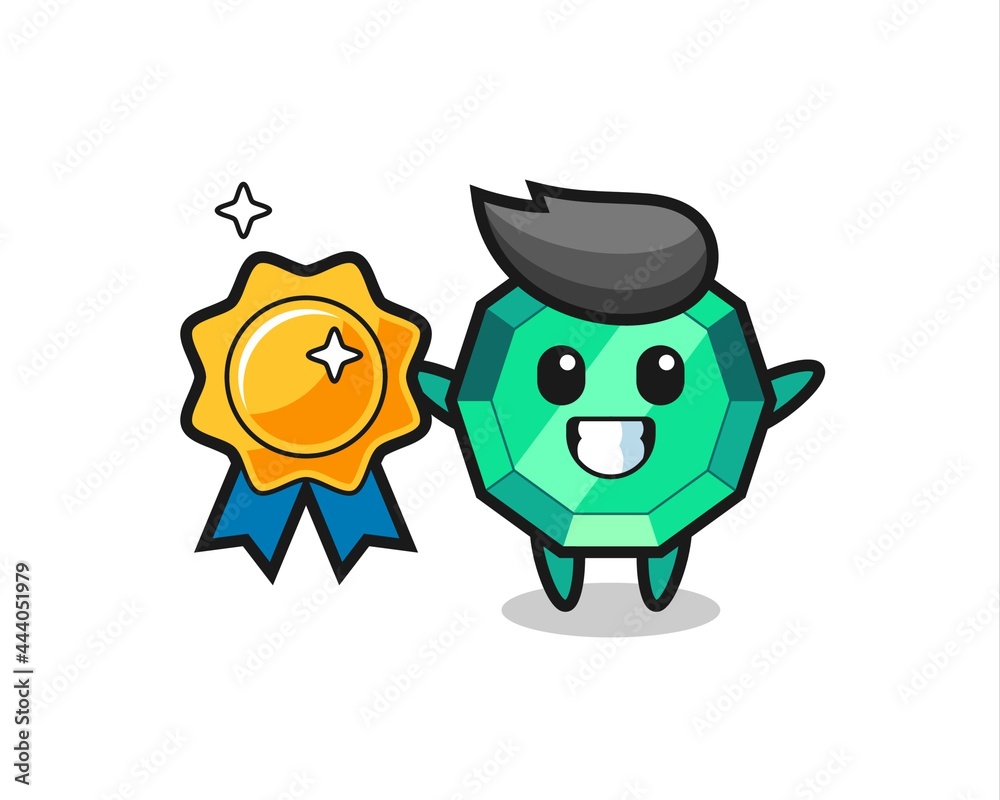 emerald gemstone mascot illustration holding a golden badge
