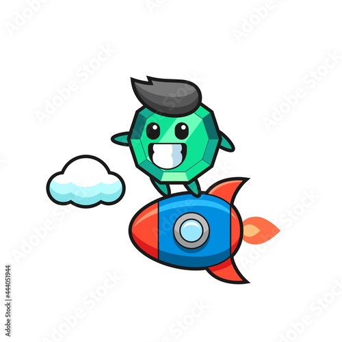 emerald gemstone mascot character riding a rocket