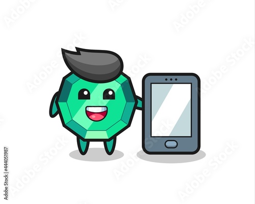 emerald gemstone illustration cartoon holding a smartphone