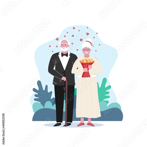 Unconventional wedding image. Eldrely person marriage concept