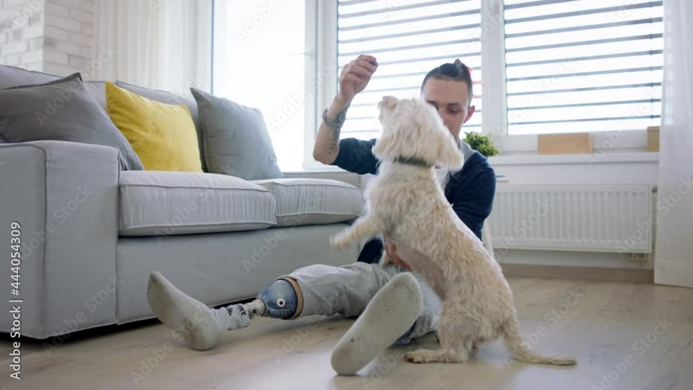 Disabled young man playing with dog indoors at home, looking at camera. Leg prosthetic concept. Disabled young man playing with dog indoors at home, looking at camera. Leg prosthetic concept.