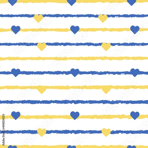 Ukraine flag heart seamless pattern. Patriotic Ukraine flag background. Country flag in the shape of heart. Vector seamless pattern. Classic national country flag with abstract watercolor grunge brush