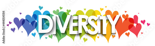 DIVERSITY rainbow gradient vector typography banner on background of hearts