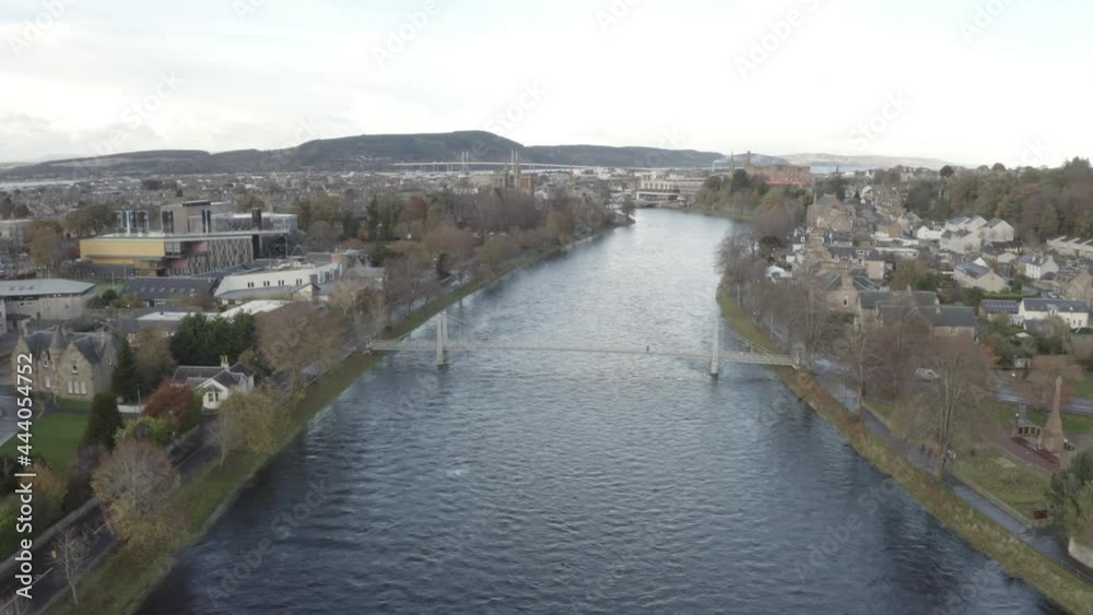 Rising 4k Drone shot of the River Ness, Inverness, Scotland. Rising 4k Drone shot of the River Ness, Inverness, Scotland.