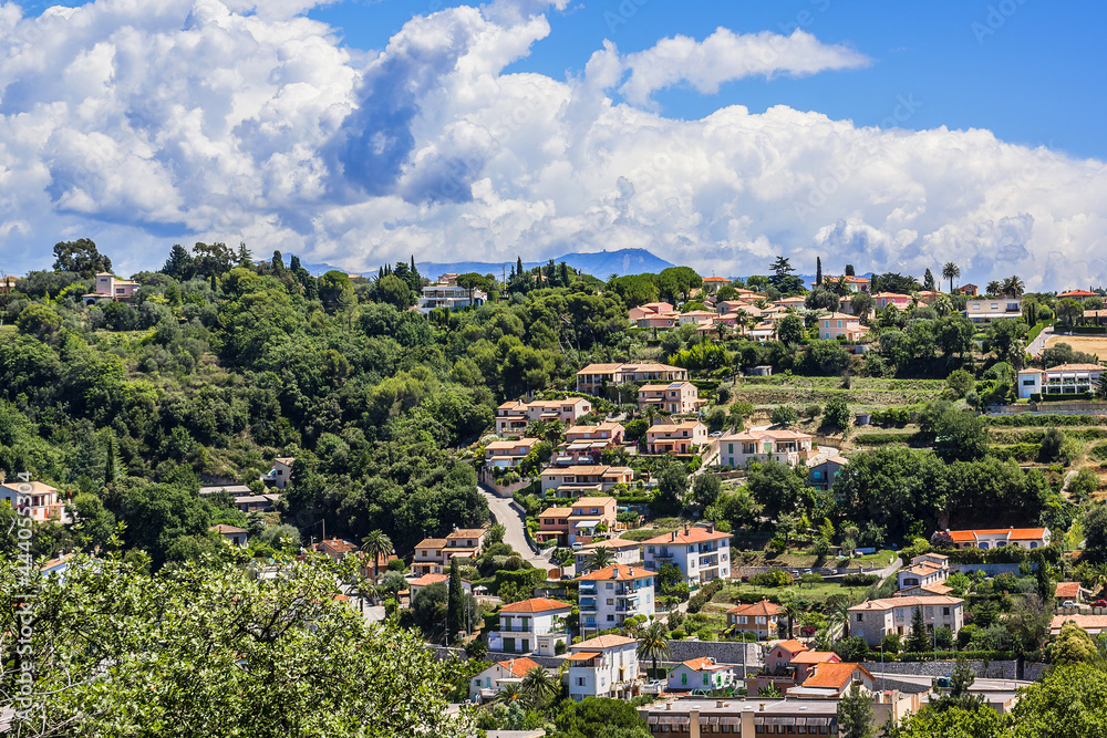 Obraz premium Picturesque view valley in Cote dAzur from Cagnes-sur-Mer. Cagnes-sur-Mer (between Nice and Cannes) - commune of Alpes-Maritimes department in Provence Alpes - Cote d'Azur region, France. Europe.