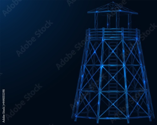 Watchtower. A tower observation post. Polygonal construction of lines and points. Blue background.