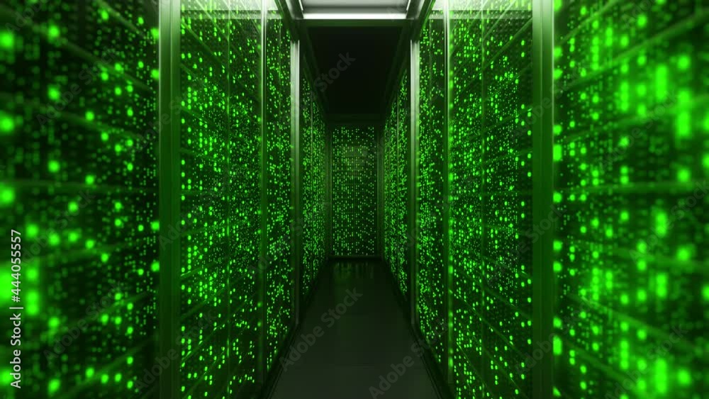 Server racks in server interior room data center. Server room center exchanging cyber datas and connections. Network security. Working green Data Center. Supercomputer Technology Concept. 3d animation