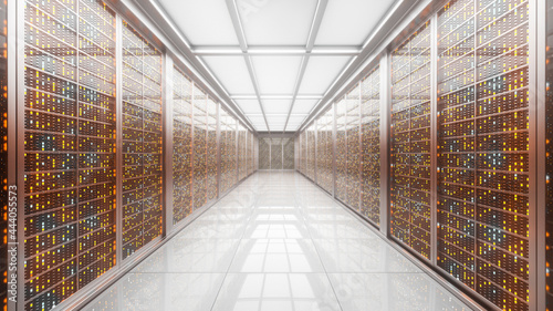Server racks in server interior room data center. Server room center exchanging cyber datas and connections. Network security. Working Data Center. Supercomputer Technology Concept. 3d rendering