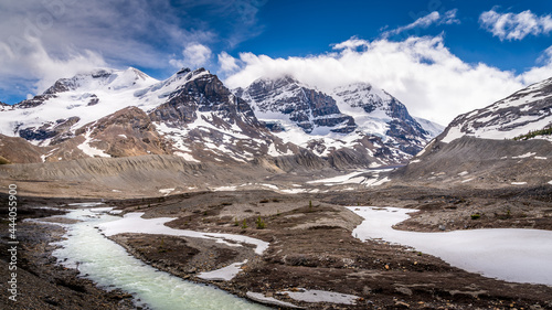 The Beginnings of the Athabasca River coming from the Columbia Icefields in the Canadian Rocky Mountains in Jasper National Park, Alberta, Canada