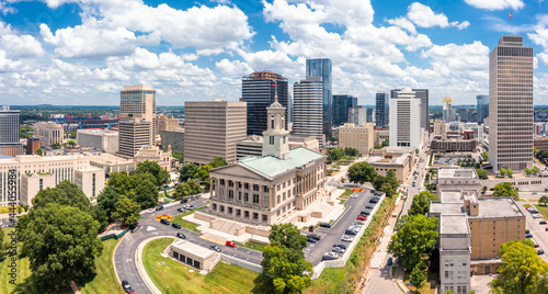 Aerial view of Nashville Capitol and skyline on a sunny day. Nashville is the capital and most populous city of Tennessee, and a major center for the music industry