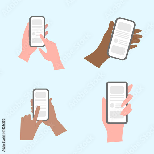 Hands holding cell phone with app design. Hand holding phone with short messages, chatting and checking social media. Vector flat illustration.