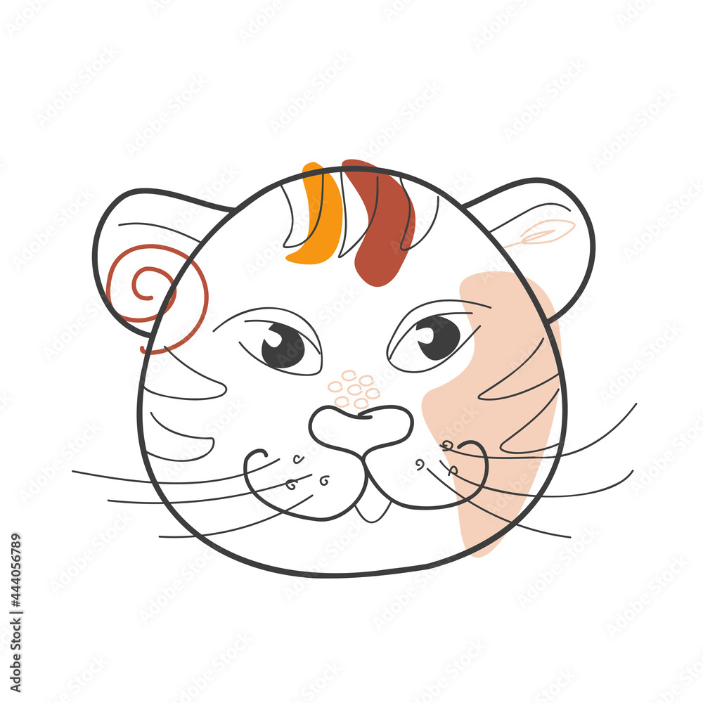 Fototapeta premium The head of a cheerful tiger in the style of doodles with colored spots. Vector illustration for coloring books, prints, postcards and children's designs. Symbol of the new Year