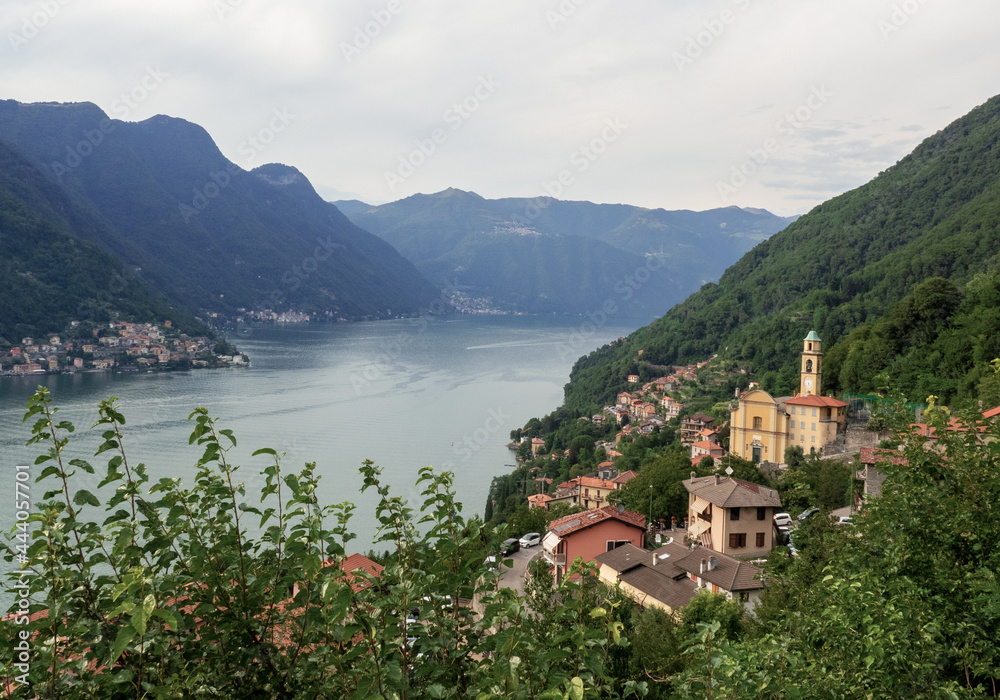 view from a panoramic point on the mountains, aerial view on Como lake and the villages that overlook it. Italy