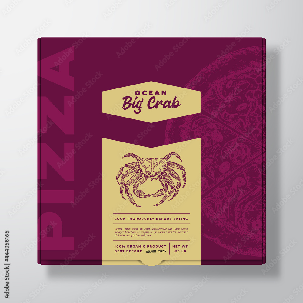 Pizza with Seafood Crab Realistic Cardboard Box Mockup. Abstract Vector Packaging Design or Label. Modern Typography, Sketch Food and Color Paper Background Layout. Isolated