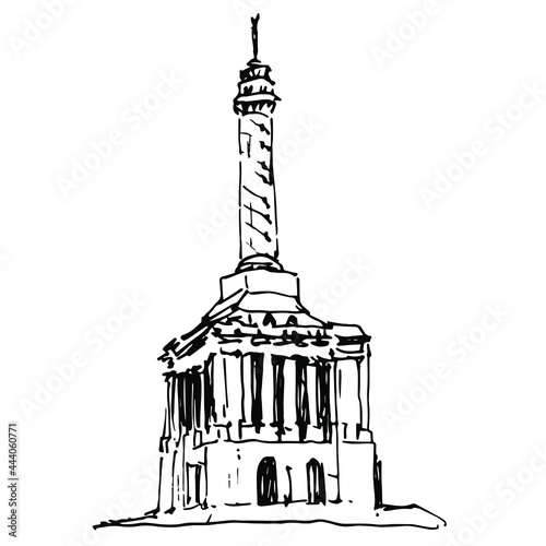 Trujillo Peace Monument of Independence. Santiago de los Caballeros. Dominican republic. Hand drawn linear doodle ink sketch. Black silhouette on white  background. Isolated vector illustration. 