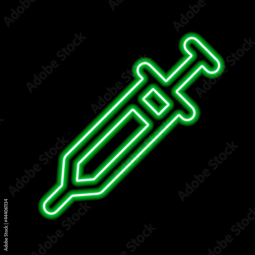 Green neon stylized syringe contour on a black background