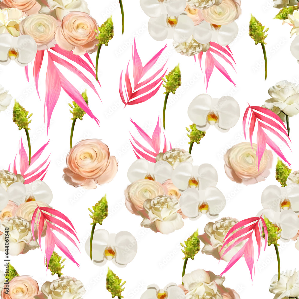 Obraz premium Rose pattern white wedding isolated rose orchid ranunculus palm