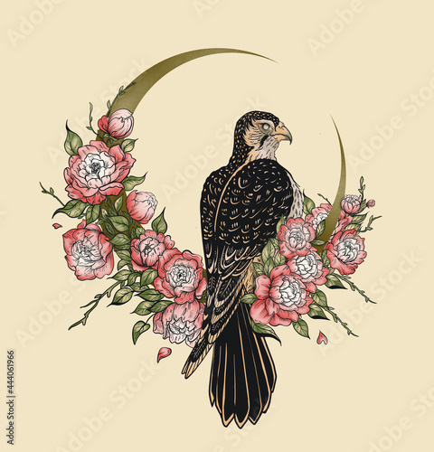 falcon bird, flowers and moon, magic illustration
