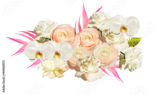 Fototapeta Naklejka Na Ścianę i Meble -  Bouquet of roses white wedding invitations isolated rose orchid ranunculus palm