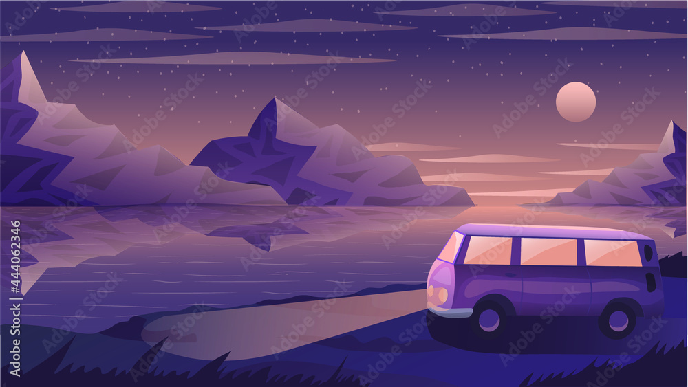 A hippie van near the lake. Night sky and mountains Travelling, search, light, romantic, tender, suspense, purple mood.