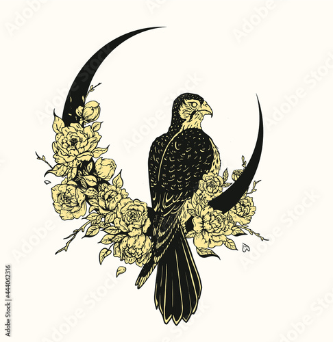 falcon bird, flowers and moon, magic vector illustration