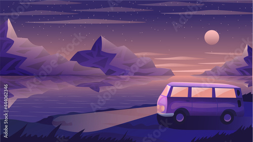 A hippie van near the lake. Night sky and mountains Travelling  search  light  romantic  tender  suspense  purple mood.