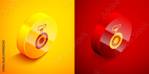 Isometric Unicycle or one wheel bicycle icon isolated on orange and red background. Monowheel bicycle. Circle button. Vector