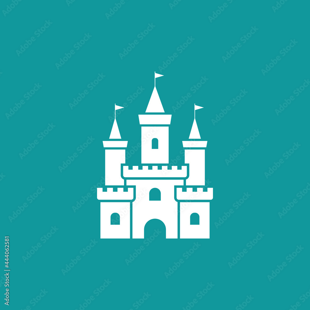 White castle with flag icon. Tower, fortress. Fairy tale, magic, fantasy logo.