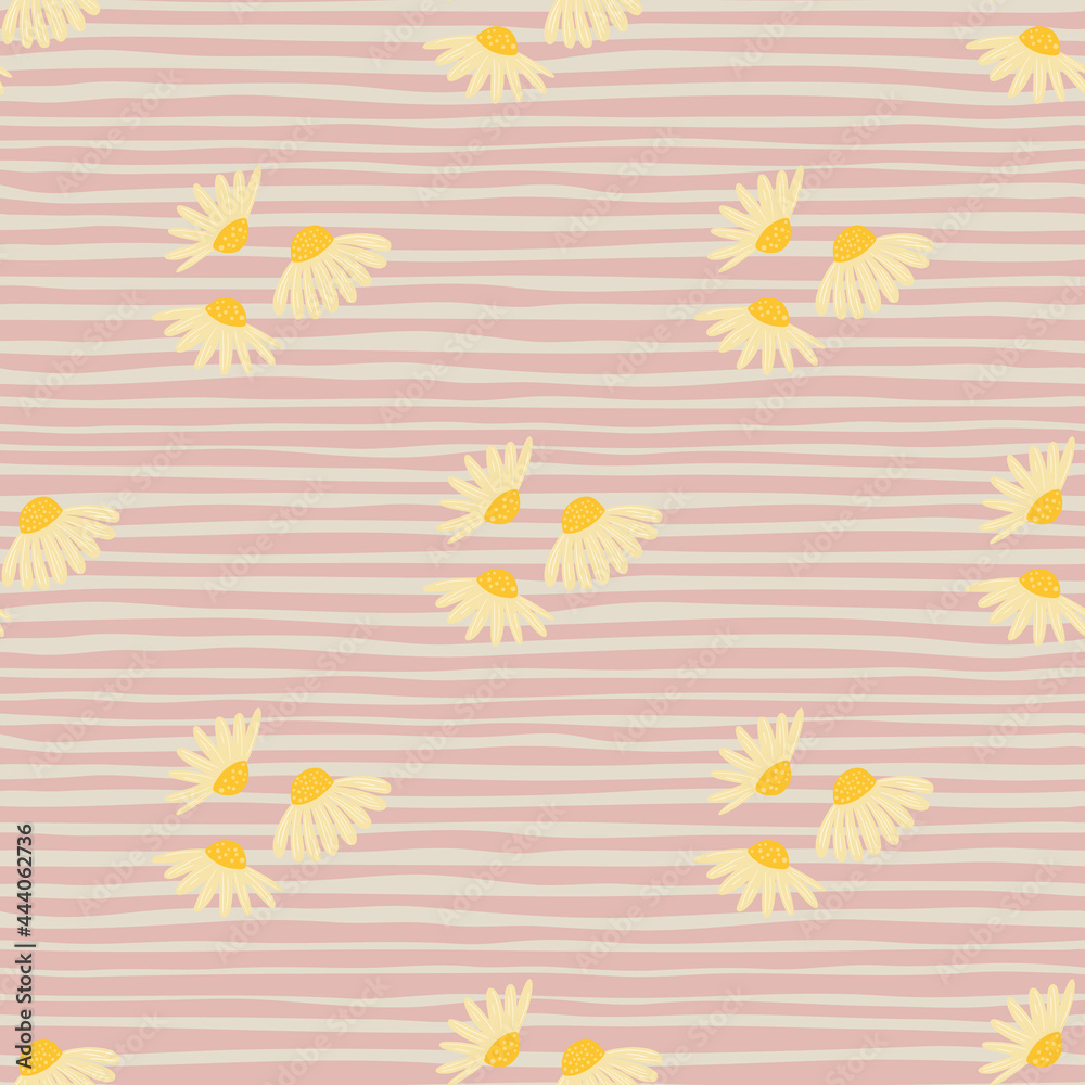 Summer botanic seamless pattern with simple yellow chamomile flowers shapes. Pink striped background.