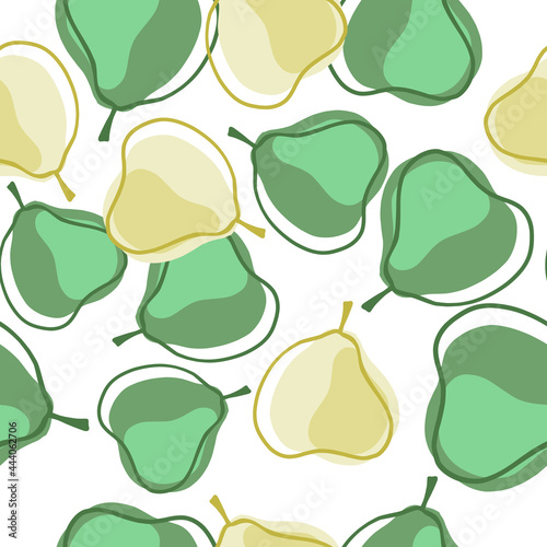 Isolated fruit seamless pattern with green contoured pears shapes. White background. Organic backdrop.