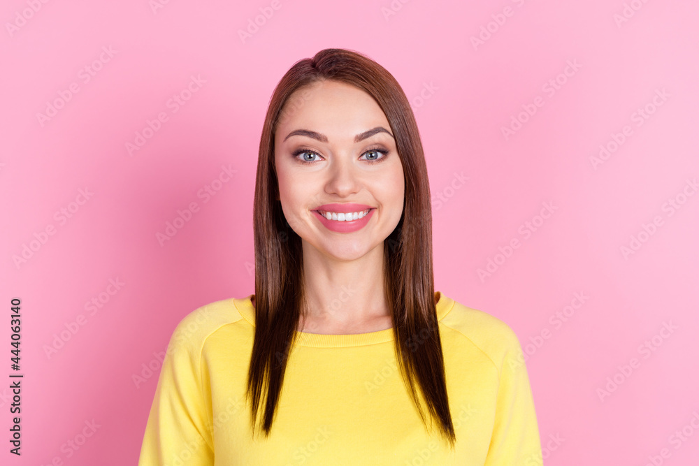 Fototapeta premium Photo portrait girl wearing yellow clothes smiling cheerful isolated pastel pink color background