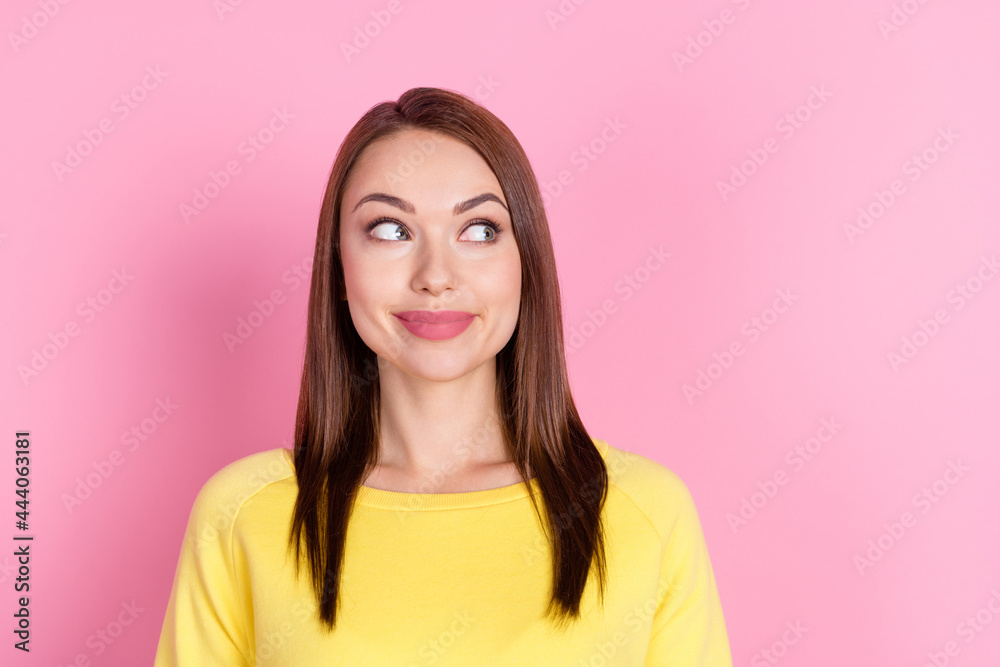 Portrait of attractive dreamy curious cheery girl guessing thinking copy space isolated over pastel pink color background Portrait of attractive dreamy curious cheery girl guessing thinking copy space isolated over pastel pink color background
