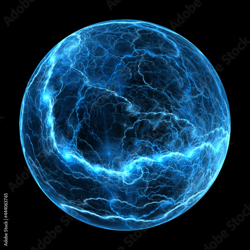 Fotografie Blue glowing high voltage ball lightning object isolated on black