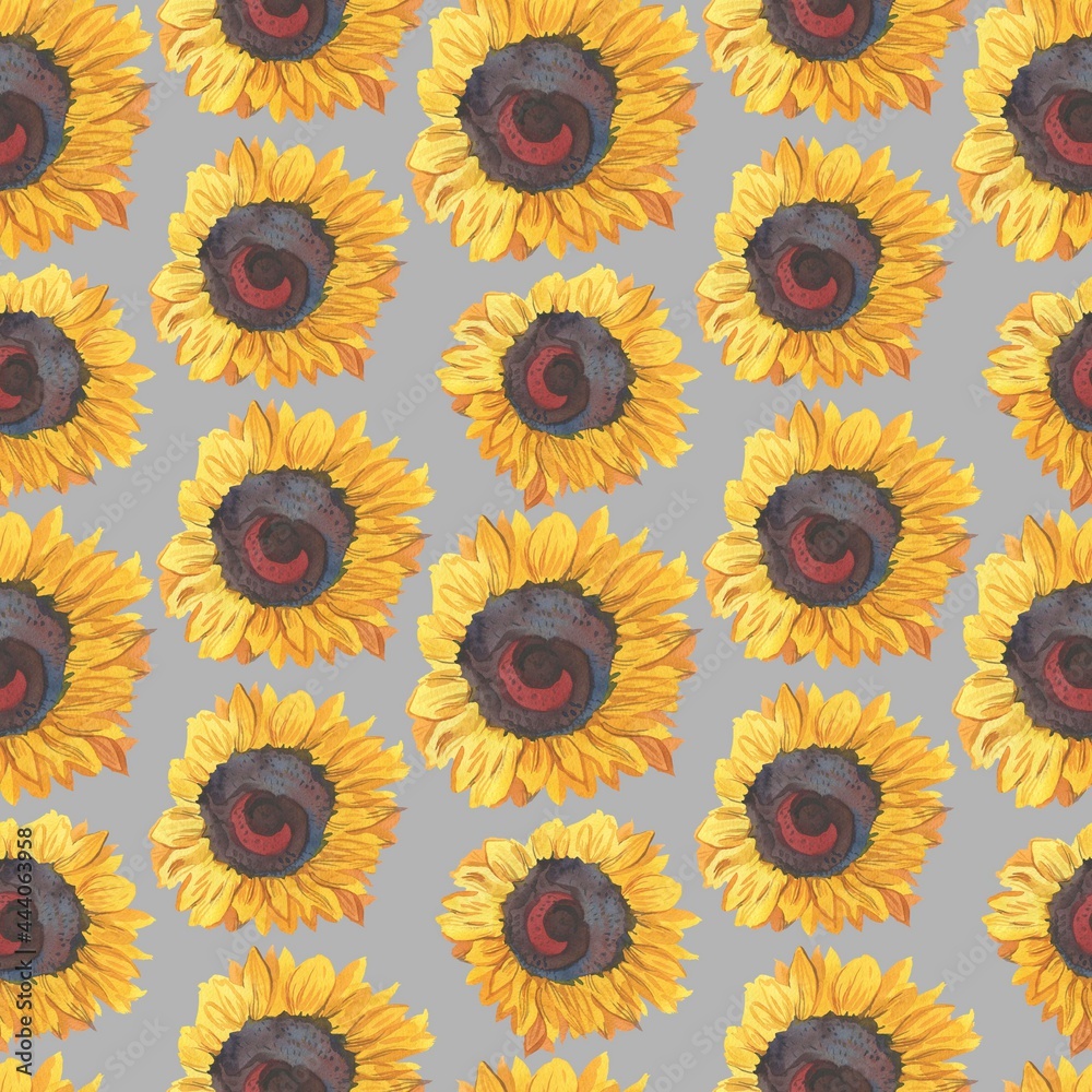 Watercolor seamless pattern with yellow sunflowers on a gray background. Autumn and botanical hand painted print.