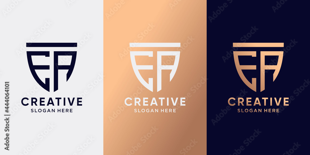 Creative monogram shield logo design initial letter EA with line art ...